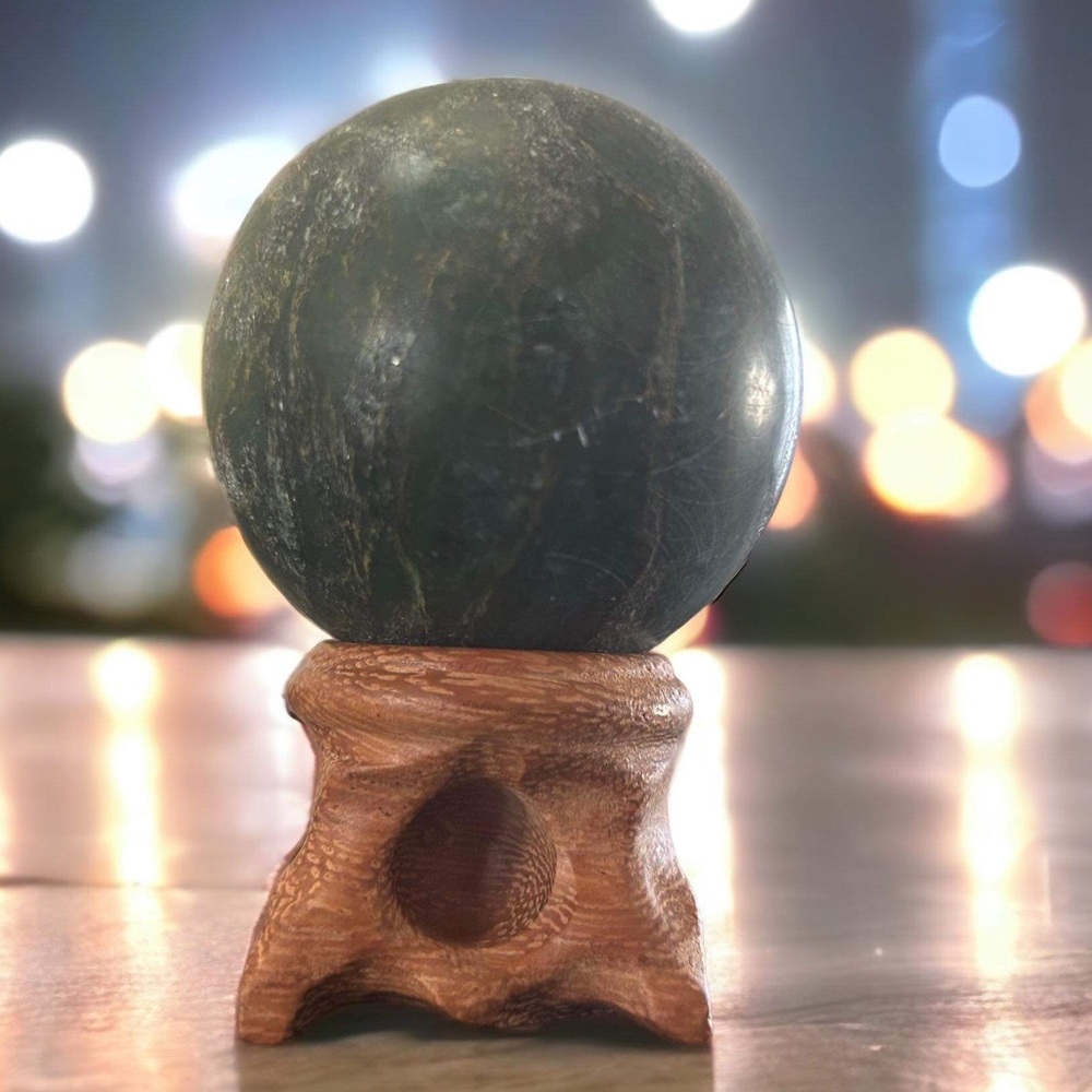Rare Emerald Green Fuchsite Kyanite Sphere Polished Marble with Free wood stand